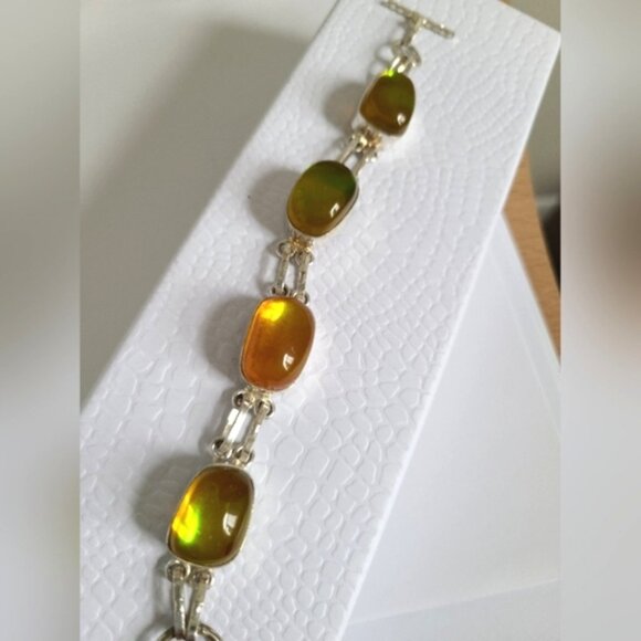 Vintage Boho Sterling Silver Yellow Rainbow Topaz Oval Chain Link Bracelet - Picture 3 of 9